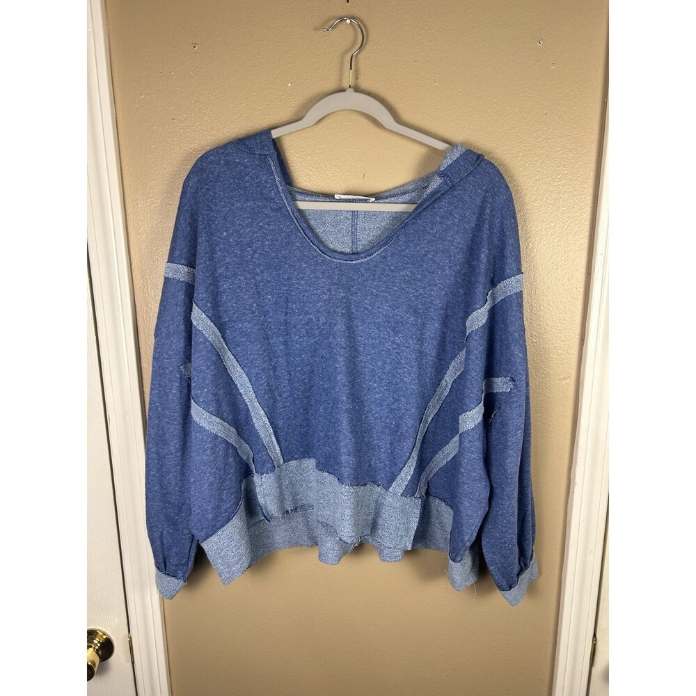 Zenana Womens L/XL Blue Heathered Oversized Raw Edge Exposed Seam Hoodie Beach
